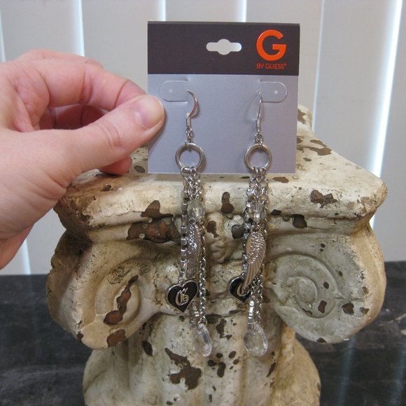 NWT Guess wing cross logo silver chain earrings - Picture 3 of 4